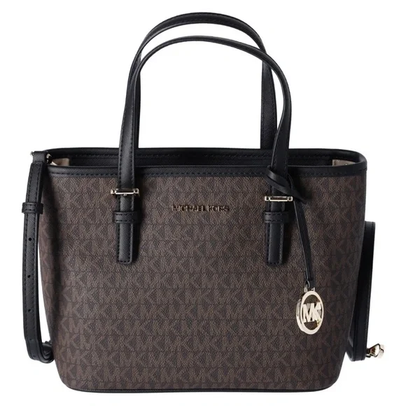 Michael Kors Jet Set XS Carryall Tote Crossbody Brown MK Logo Signature Black - Picture 5 of 11